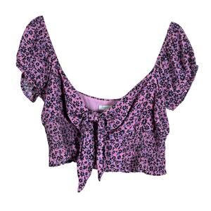 Olivaceous Crop Top Womens L Pink Floral Smocked Cut Out Tie Front Cottagecore